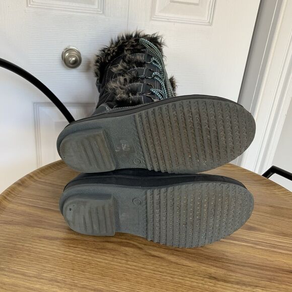 Women Lace Up Black Fur Trim Lined Winter Snow Boots Size 6 M Gray Khombu - Picture 4 of 16